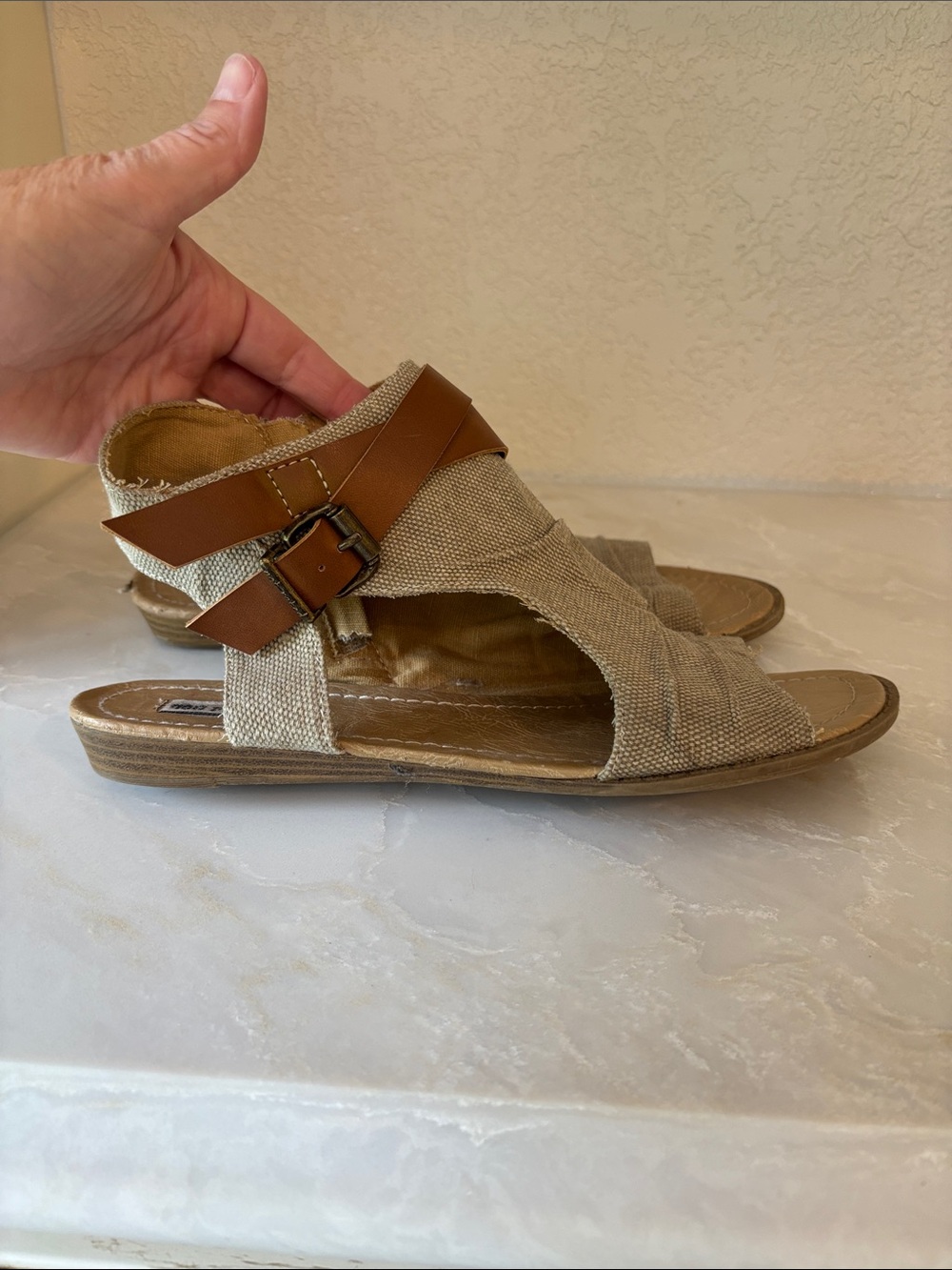 Not Rated Beige Canvas and Brown Leather Buckle Sandals 9
